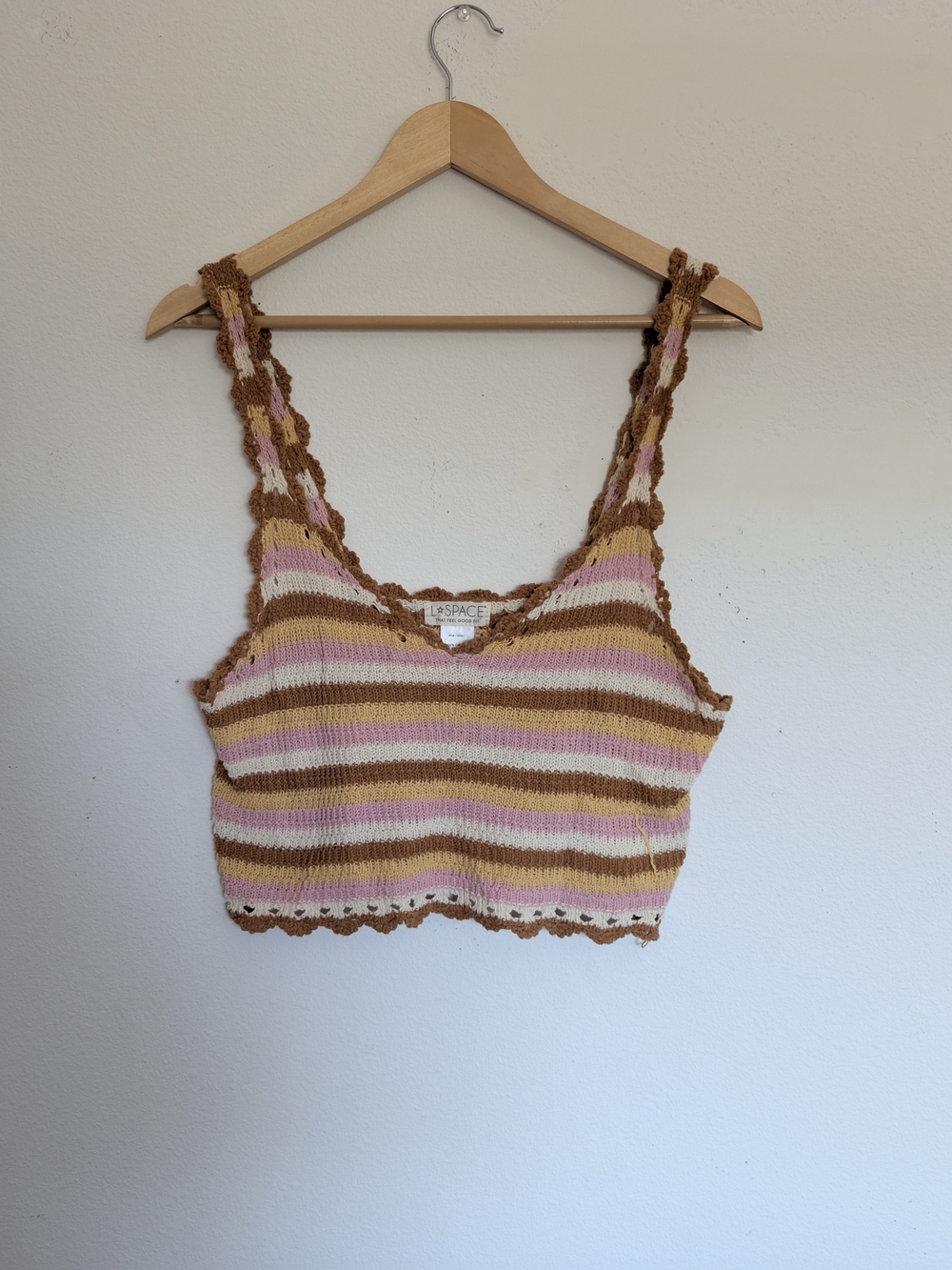 l*space Striped Turn The Tide Crochet Crop Tank in Pink, Cream & Brown